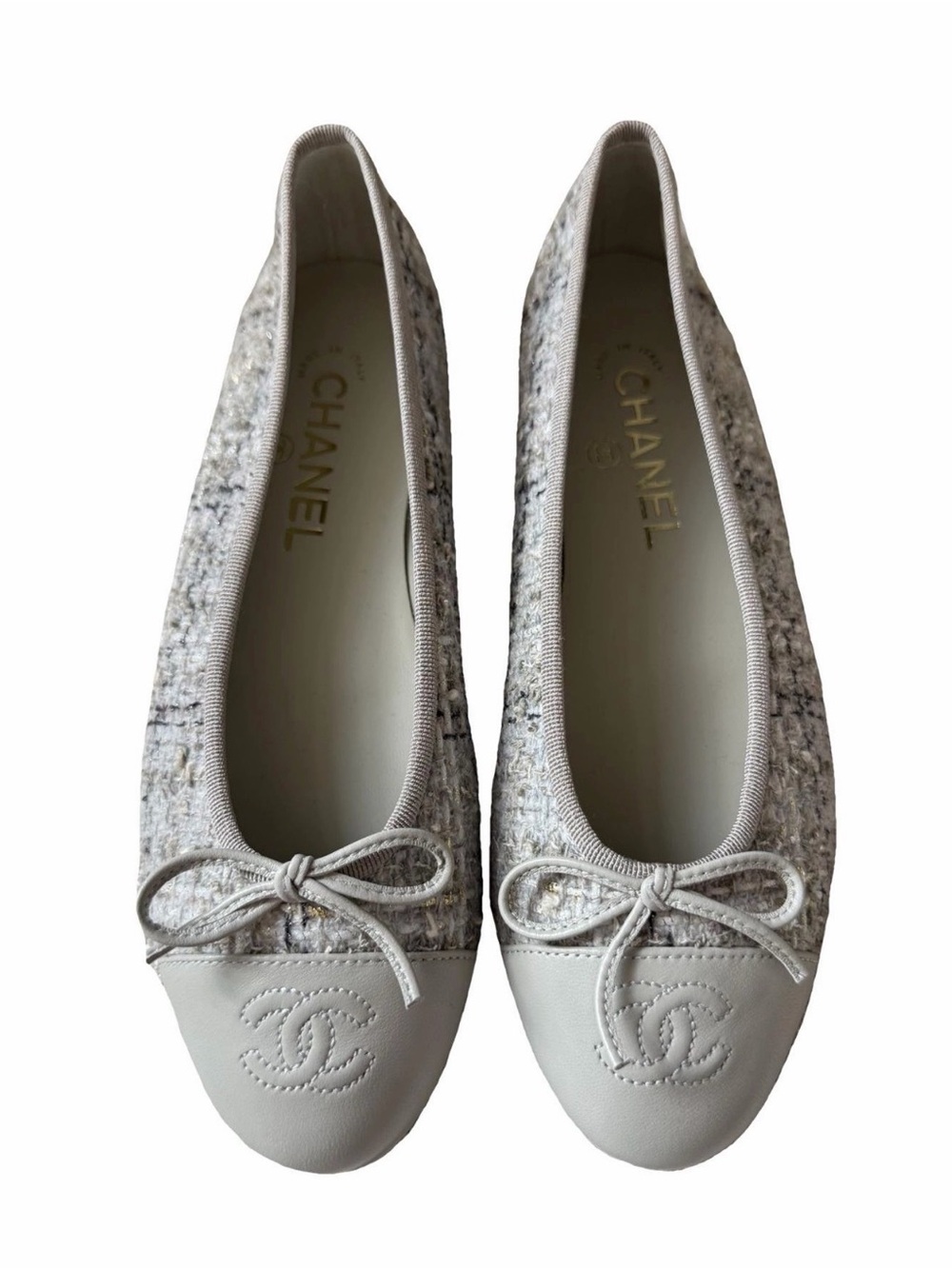 CHANEL Tweed Ballet Flats with Leather Cap Toe in Light Gray